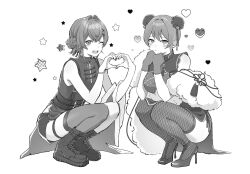 2girls alexdium ange_katrina ange_katrina_(7th_costume) ankle_boots bare_arms bare_shoulders belt blush boots breasts bun_cover chain chain_bracelet china_dress chinese_clothes clenched_hands closed_mouth commentary_request crossed_bangs double_bun dress feather_boa fishnet_thighhighs fishnets flat_chest flower_knot full_body furen_e_lustario furen_e_lustario_(7th_costume) gloves greyscale hair_bun hair_intakes hair_ornament hands_on_own_chin hands_up heart heart_hands high_heels highres jacket jacket_partially_removed lace-up_boots large_breasts looking_at_viewer monochrome multiple_belts multiple_girls nail_polish nijisanji one_eye_closed open_mouth raised_inner_eyebrows short_shorts shorts side_slit sidelocks single_thighhigh sleeveless sleeveless_dress smile squatting star_(symbol) stiletto_heels tassel tassel_hair_ornament teeth thigh_strap thighhighs upper_teeth_only virtual_youtuber white_background