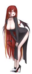 1girl absurdres akane_lize black_dress black_tail blush breasts cleavage collarbone cross cross_earrings demon_tail demon_wings dress ear_piercing earrings highres jewelry laneigu large_breasts legs long_hair long_sleeves mole mole_on_cheek open_mouth piercing red_hair side_slit smile stellive tail virtual_youtuber wings