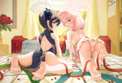2girls ass ass_focus black_hair blue_archive china_dress chinese_clothes doggystyle dress flower halo highres hoshino_(blue_archive) hoshino_(swimsuit)_(blue_archive) kisaki_(blue_archive) loli long_hair multiple_girls on_bed pink_hair rose sex sex_from_behind sitting toki913710
