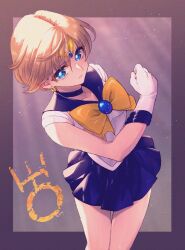 1girl back_bow bishoujo_senshi_sailor_moon blonde_hair blue_bow blue_choker blue_eyes blue_gemstone blue_sailor_collar blue_skirt bow bowtie choker circlet earrings elbow_gloves gem gloves highres jewelry miniskirt parted_bangs pleated_skirt sailor_collar sailor_uranus shirt short_hair short_sleeves skirt solo ten&#039;ou_haruka uranus_symbol very_short_hair white_gloves white_shirt yellow_bow yellow_bowtie yyemoyy