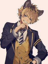 Rule 34 | 1boy, absurdres, animal ear fluff, animal ears, arm up, armband, black jacket, black pants, blonde hair, blue eyes, brown hair, commentary request, diagonal-striped clothes, diagonal-striped necktie, gold trim, grey background, grin, hair between eyes, hand in pocket, head tilt, highres, hyena ears, jacket, lapels, long sleeves, male focus, multicolored hair, necktie, notched lapels, pants, roku maruru, ruggie bucchi, school uniform, shirt, short hair, simple background, smile, solo, striped clothes, striped necktie, suit jacket, teeth, twisted wonderland, vest, white shirt, wing collar, yellow vest