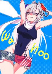 1girl american_flag american_flag_print arms_up asymmetrical_gloves black_one-piece_swimsuit blue_background blue_gloves breasts character_name closed_mouth cowboy_shot denim denim_skirt flag_print gloves grey_eyes grey_hair hair_ornament headgear highres kantai_collection kusomisoni long_hair looking_at_viewer mismatched_gloves one-piece_swimsuit red_gloves scarf skirt solo swimsuit twitter_username wahoo_(kancolle) white_scarf