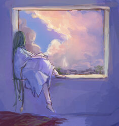 1other androgynous barefoot cloud commentary_request enkidu_(fate) fate/strange_fake fate_(series) full_body green_hair himeko_(nico6v6pachi) lightning long_hair other_focus pants robe sitting solo very_long_hair white_pants white_robe window
