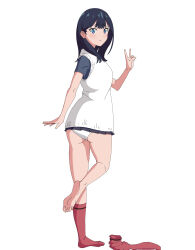 1girl absurdres barefoot black_hair blue_eyes blush feet gridman_universe highres long_hair looking_at_viewer panties pantyshot piaofu_wu red_socks socks soles ssss.gridman standing takarada_rikka toes underwear unworn_socks v