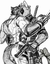 2boys animal_ears ass bara belt cat_ears cat_tail claws commentary deadpool deadpool_&amp;_wolverine deadpool_(series) dishing facial_hair fake_animal_ears greyscale gun hand_on_another&#039;s_waist holding holding_gun holding_weapon katana male_focus marvel mask mature_male monochrome multiple_boys muscular muscular_male ribbon short_hair superhero_costume sword symbol-only_commentary tail tail_ornament tail_ribbon two-tone_bodysuit weapon weapon_on_back wolverine_(x-men) x-men yaoi