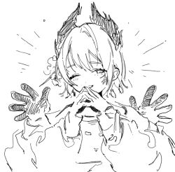 1girl arknights blush extra_arms gloves greyscale hand_up head_wings jixing monochrome one_eye_closed raidian_(arknights) short_hair simple_background sketch smile solo steepled_fingers white_background wings