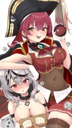 2girls arm_on_another&#039;s_head ascot belt_collar black_choker black_coat black_collar black_hair black_headwear black_thighhighs braid breasts choker cleavage coat collar covered_navel dice frilled_choker frills gloves grey_hair hair_ornament hair_ribbon hat heterochromia highres hololive houshou_marine houshou_marine_(1st_costume) large_breasts leotard leotard_under_clothes long_hair looking_at_viewer miniskirt multicolored_hair multiple_girls nail_polish open_mouth pirate_hat pleated_skirt red_ascot red_coat red_eyes red_nails red_ribbon red_skirt ribbon sakamata_chloe single_braid skirt smile streaked_hair teeth thighhighs tonton_utaro twintails two-sided_coat two-sided_fabric upper_teeth_only virtual_youtuber white_gloves x_hair_ornament yellow_eyes