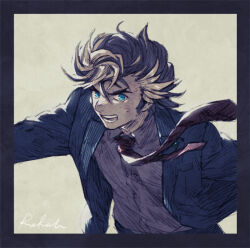 Rule 34 | 1boy, black border, blazer, blood, blood on face, blue eyes, border, brown hair, dirty, dirty clothes, dirty face, dress shirt, facing to the side, grey jacket, grey pants, grey shirt, hashibi rokou, jacket, looking to the side, male focus, necktie, open clothes, open jacket, open mouth, outside border, outstretched arms, pants, pompadour, red necktie, shirt, sideburns, spyral super agent, striped clothes, thick eyebrows, upper body, wind, yellow background, yu-gi-oh!