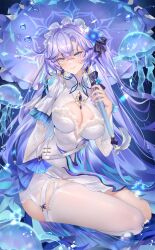 1girl blue_eyes blue_flower breasts cantarella_(wuthering_waves) chinese_commentary cleavage closed_mouth commentary_request dress earrings flower hair_between_eyes hair_flower hair_ornament headdress highres holding holding_umbrella jellyfish jewelry large_breasts long_hair looking_at_viewer melailai nail_polish paid_reward_available parasol purple_hair purple_nails purple_umbrella shrug_(clothing) side_slit single_thighhigh smile solo thighhighs thighs umbrella very_long_hair white_dress white_shrug white_thighhighs wuthering_waves
