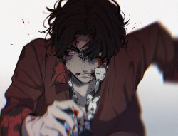 1boy aam09212 bakuage_sentai_boonboomger black_hair blood blood_on_face hando_taiya highres jacket male_focus red_eyes red_jacket shirt short_hair simple_background solo super_sentai upper_body white_background white_shirt