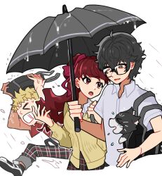 1girl 2boys :o amamiya_ren animal bag black-framed_eyewear black_bag black_cat black_hair black_pants black_umbrella blonde_hair cardigan cat closed_eyes collared_shirt commentary_request glasses hair_ribbon highres holding holding_umbrella long_hair looking_at_another looking_to_the_side maitakepasuta morgana_(cat)_(persona_5) morgana_(persona_5) multiple_boys pants persona persona_5 persona_5_the_royal plaid_clothes plaid_pants ponytail rain red_eyes red_hair red_ribbon ribbon sakamoto_ryuuji school_bag school_uniform shared_umbrella shirt short_hair shuujin_academy_school_uniform simple_background smile umbrella wet white_background white_shirt yellow_cardigan yoshizawa_kasumi
