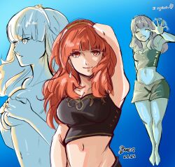 1girl absurdres armor bare_legs black_shorts black_tube_top breast_press breasts broken_armor celica_(fire_emblem) cleavage closed_eyes covering_breasts covering_privates earrings fire_emblem fire_emblem_echoes:_shadows_of_valentia fire_emblem_warriors highres jewelry long_hair medium_breasts midriff multiple_views navel nintendo official_alternate_costume orange_eyes orange_hair princess red_eyes red_hair shorts smile stomach strapless tiara topless_female tube_top yoltablaze