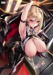 1girl absurdres arm_strap armpits arms_up black_jacket blonde_hair blush breasts cian_yo cleavage collared_shirt evelyn_chevalier highres jacket large_breasts mole mole_on_breast mole_under_eye nipple_piercing nipples parted_lips piercing purple_eyes shirt solo standing tearing_up zenless_zone_zero