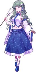 1girl bare_shoulders blue_shoes blue_skirt breasts collarbone collared_shirt commentary_request covered_collarbone detached_sleeves faceless fingernails frog_hair_ornament full_body gohei green_hair hair_between_eyes hair_ornament hair_tubes hand_up highres holding holding_gohei kinamielise kochiya_sanae large_variant_set long_fingernails long_hair long_sleeves medium_breasts navel no_eyes no_mouth shirt shoes sidelocks simple_background skirt snake_hair_ornament socks solo standing tachi-e touhou transparent_background variant_set white_shirt white_socks wide_sleeves