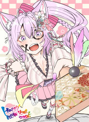 Rule 34 | 1girl, 2025, absurdres, antenna hair, blush, bow, breasts, brown sleeves, cleavage, clothing request, detached sleeves, facepaint, feathers, fingernails, floral print, flower, flying sweatdrops, foreshortening, frilled skirt, frills, frown, hair between eyes, hair bow, hair flower, hair ornament, hakui koyori, happy new year, highres, holding, holding paddle, hololive, large breasts, long hair, looking at viewer, nail polish, new year, open mouth, paddle, perspective, pink eyes, pink hair, pink nails, pink skirt, pleated skirt, print background, purple bow, sakura kanawo, skirt, solo, striped sleeves, sweatdrop, tassel, teeth, tripping, upper teeth only, very long hair, virtual youtuber, white flower
