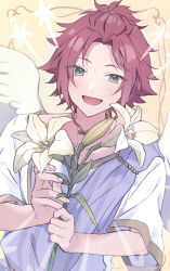 1boy :d bangs_pinned_back ensemble_stars! flower green_eyes highres holding holding_flower isara_mao lily_(flower) looking_at_viewer male_focus open_mouth red_hair reijiro short_hair short_sleeves smile solo sweater_vest upper_body vest white_flower white_wings wings