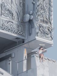 1girl airfish_(lefko_d) angel_wings barefoot building construction_site dress halo one_eye_closed original sitting telescope white_dress wings