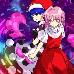 Rule 34 | 2girls, back-to-back, black capelet, blob, blue eyes, blue hair, capelet, closed mouth, commentary request, doremy sweet, dress, expressionless, fur-trimmed collar, fur-trimmed headwear, fur trim, hat, highres, kaigen 1025, light blush, light smile, long dress, looking at another, multiple girls, nightcap, pink eyes, pink hair, pom pom (clothes), red dress, red hat, sara (touhou), short hair, short sleeves, standing, touhou, touhou (pc-98), two-tone dress