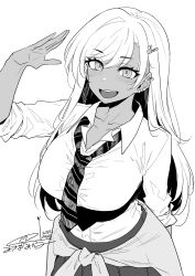 1girl arm_behind_back blush breasts clothes_around_waist collared_shirt commentary_request dated ear_piercing earrings eyelashes greyscale gyaru hair_between_eyes hair_ornament hairclip highres jewelry large_breasts long_hair looking_at_viewer mitsuba_minoru monochrome necktie open_mouth original piercing shirt signature simple_background skirt solo stud_earrings
