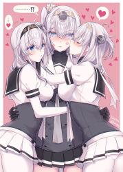Rule 34 | black sailor collar, blush, breasts, closing eyes, fuyutsuki (kancolle), gloves, grey hair, hachimaki, headband, highres, hug, kabocha torute, kantai collection, kiss, kissing cheek, long hair, medium breasts, miniskirt, multiple girls, sailor collar, side ponytail, skirt, suzutsuki (kancolle), white sailor collar, yuri