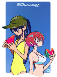 2girls amate_yuzuriha aqua_eyes artist_logo baseball_cap bikini black_hair blue_background border breasts casual_one-piece_swimsuit commentary copyright_name covered_navel cropped_torso eating flat_chest food fruit green_hat gundam gundam_gquuuuuux hair_between_eyes hat highres holding holding_food holding_fruit large_breasts logo long_hair multiple_girls navel nyaan_(gundam_gquuuuuux) one-piece_swimsuit open_mouth outside_border red_hair short_hair swimsuit symbol-only_commentary take_(takegarou) very_long_hair watermelon watermelon_slice white_bikini white_border yellow_eyes yellow_one-piece_swimsuit