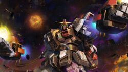 absurdres battle beam_cannon cable chest_cannon copyright_logo explosion gundam gundam_battle_operation_2 gundam_msv highres machinery mecha mecha_focus mobile_suit no_humans official_art painting_(medium) prototype_psyco_gundam realistic robot scan science_fiction space sunrise_(company) thrusters titans_(gundam) traditional_media v-fin zeta_gundam