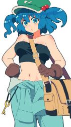 1girl :o bag bare_shoulders black_tube_top blue_eyes blue_hair breasts clothes_around_waist flat_cap front_ponytail gloves green_bag green_hat hair_bobbles hair_ornament hat highres jacket jacket_around_waist jean_(jean_sp) kawashiro_nitori key looking_at_viewer midriff open_mouth short_hair simple_background solo strapless touhou tube_top twintails two_side_up white_background