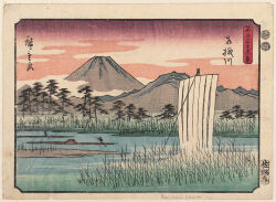 19th_century 2boys ando_hiroshige boat cloud fine_art_parody gradient_sky highres japan landscape mountain mountainous_horizon multiple_boys nihonga oar orange_sky original outdoors parody purple_sky reeds river rowing sail scenery sky thirty-six_views_of_mount_fuji_(hiroshige) traditional_media translation_request tree ukiyo-e volcano water watercraft