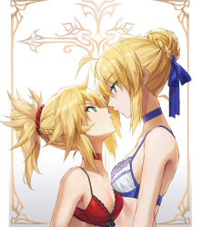 2girls ahoge alternate_costume artoria_pendragon_(fate) blonde_hair blue_choker blue_ribbon bra braid braided_bun breasts choker eye_contact fate/apocrypha fate/grand_order fate/stay_night fate_(series) father_and_son french_braid green_eyes hair_between_eyes hair_bun hair_ornament hair_ribbon hair_scrunchie height_difference highres long_hair looking_at_another mordred_(fate) mordred_(fate/apocrypha) multiple_girls photoshop_(medium) ponytail red_bra red_choker red_scrunchie ribbon saber_(fate) scrunchie sidelocks single_hair_bun tonee underwear underwear_only upper_body white_bra
