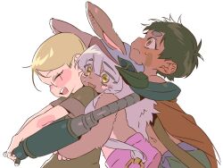 1boy 1girl 1other animal_ears blonde_hair closed_mouth commentary_request fang furry glasses highres horizontal_pupils made_in_abyss mgong520 nanachi_(made_in_abyss) open_mouth reg_(made_in_abyss) riko_(made_in_abyss) short_hair short_sleeves simple_background smile whiskers white_background yellow_eyes