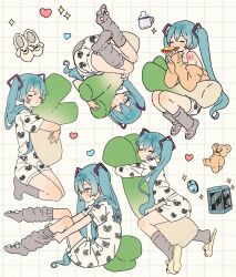 1girl ankle_socks bear_slippers blue_eyes blue_hair bread bread_slice closed_eyes collarbone dot_nose eating expressionless food fried_egg fried_egg_on_toast grey_socks grid_background hair_between_eyes hair_flowing_over hair_ornament hatsune_miku heart highres holding holding_stuffed_toy hugging_object jacket koala light_blush long_hair long_sleeves looking_at_viewer loose_socks maple_(abc2215) monitor multiple_views number_tattoo one_eye_closed open_clothes open_jacket pajamas puffy_long_sleeves puffy_sleeves shirt short_sleeves shorts shoulder_tattoo sleeves_past_wrists slippers socks sparkle spring_onion stuffed_animal stuffed_food stuffed_toy sweater_jacket tank_top tattoo teddy_bear toast twintails upside-down very_long_hair vocaloid white_background white_pajamas white_shirt white_shorts white_tank_top yellow_jacket yellow_slippers