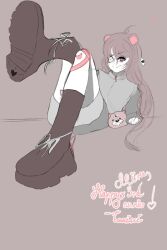 Rule 34 | 1boy, 1girl, 2025, animal ears, anniversary, artist name, bear ears, bear girl, black shoes, blue skirt, cream soder, english text, eyepatch, foot focus, green shirt, grey background, indie virtual youtuber, lying, miruku kumazuki, on back, otter, platform shoes, shirt, shoes, sitting, skirt, smile, smug, soder, tomimimoruru