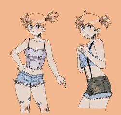 Rule 34 | 1girl, asymmetrical hair, bandaid, bandaid on leg, bare arms, bare shoulders, blue shorts, blush, breasts, closed mouth, collarbone, crop top, cropped legs, cutoffs, denim, denim shorts, female focus, gen 1 pokemon, gym leader, hair tie, hand on own hip, heidi (heytherenrds), highres, holding, holding poke ball, legs, looking at viewer, medium breasts, midriff, misty (pokemon), navel, nintendo, orange hair, poke ball, poke ball (basic), pokemon, pokemon (anime), pokemon (classic anime), pokemon rgby, ponytail, shirt, short hair, short shorts, shorts, side ponytail, sleeveless, sleeveless shirt, smile, solo, standing, suspender shorts, suspenders, tank top, thighs, yellow shirt