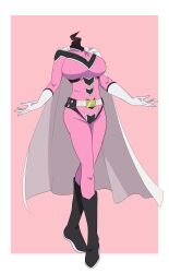 1girl boots border breasts cape doojang gloves headless highres hwalipon large_breasts long_sleeves pants pink_background pink_keeper pink_pants pink_shirt sakurama_sesera sentai_daishikkaku shirt simple_background white_border white_cape white_gloves