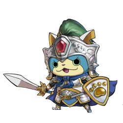 Rule 34 | armor, blue cape, cape, cat, full body, helmet, holding, holding shield, holding sword, holding weapon, knight, looking at viewer, no humans, notched ear, nyankishi susanoo, official art, shield, simple background, solid circle pupils, solo, standing, sword, weapon, white background, youkai (youkai watch), youkai watch