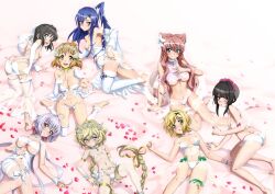 6+girls :d akatsuki_kirika all_fours ass bare_arms bare_legs barefoot black_hair blonde_hair blue_eyes blue_hair bra breasts bridal_veil brown_eyes brown_hair butt_crack carol_malus_dienheim cleavage closed_mouth detached_sleeves flower fujikawa_daichi green_eyes grey_eyes grey_hair groin hair_between_eyes hair_flower hair_intakes hair_ornament head_wreath high_ponytail highres kazanari_tsubasa kneeling kohinata_miku large_breasts leg_warmers long_hair long_sleeves looking_at_viewer lying maria_cadenzavna_eve multiple_girls navel on_back on_side open_mouth panties petals pink_hair ponytail purple_eyes reaching reaching_towards_viewer red_flower red_rose rose senki_zesshou_symphogear shiny_skin short_hair short_hair_with_long_locks side_ponytail sideboob small_breasts smile strapless strapless_bra tachibana_hibiki_(symphogear) textless_version thigh_gap tsukuyomi_shirabe underboob underwear underwear_only veil very_long_hair white_bra white_leg_warmers white_panties white_sleeves yukine_chris