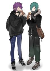 2boys 2n5 absurdres androgynous aqua_hair black_choker black_hoodie black_jacket blue_pants blush boots brown_bag choker closed_eyes closed_mouth denim eating food full-length_zipper full_body fur-trimmed_hood fur_trim grey_scarf hair_over_one_eye highres holding holding_food hood hoodie jacket jeans lace-up_boots male_focus multiple_boys open_mouth original pants purple_hair rabbit_accessory roasted_sweet_potato scarf short_hair simple_background skinny_jeans smile standing sweet_potato teeth upper_teeth_only yellow_eyes zipper