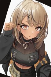 1girl absurdres black_hair blonde_hair brown_eyes commentary_request ear_piercing fang hair_ornament highres holding jacket jewelry kaminari_qpi kaminari_qpi_(5th_costume) midriff multicolored_hair necklace off_shoulder open_clothes open_jacket open_mouth piercing sameda_illust skin_fang skirt solo streaked_hair two-tone_hair virtual_youtuber vspo!