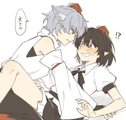 !? 2girls animal_ear_fluff animal_ears black_gloves black_skirt blush brown_hair collared_shirt commentary detached_sleeves eye_contact fingerless_gloves gloves grey_hair hair_between_eyes hat inubashiri_momiji looking_at_another medium_hair multiple_girls no_wings pointy_ears puffy_short_sleeves puffy_sleeves red_eyes red_hat sakic43899 shameimaru_aya shirt short_hair short_sleeves skirt smile speech_bubble sweat tokin_hat touhou translated white_shirt wolf_ears wolf_girl yuri