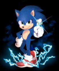 1boy blue_fur blue_spine commentary electricity english_commentary full_body gloves green_eyes hand_on_own_hip hedgehog highres index_finger_raised jewelry kohane01 male_focus red_shoes redesign ring ring_(sonic) shoes smirk sneakers snout solo sonic_(live_action) sonic_(series) sonic_the_hedgehog sonic_the_hedgehog_(film) sparkle white_gloves
