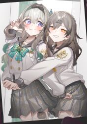 2girls alternate_costume black_hairband blush bow breasts closed_mouth collarbone firefly_(honkai:_star_rail) firefly_(spring_missive)_(honkai:_star_rail) gradient_hair green_bow green_hair grey_hair grey_skirt hair_between_eyes hair_intakes hair_ornament hairband highres holding_hands honkai:_star_rail honkai_(series) hug itame_moyashi long_hair long_sleeves looking_at_another looking_at_viewer medium_breasts multicolored_hair multiple_girls official_alternate_costume parted_lips pink_eyes plaid_bow plaid_clothes plaid_skirt school_uniform skirt smile stelle_(honkai:_star_rail) teeth thighhighs trailblazer_(honkai:_star_rail) viewfinder white_thighhighs yellow_eyes