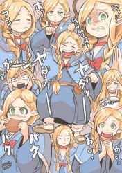 1girl blush braid dungeon_meshi eating elf female_focus green_eyes hadashi_no_kenji long_hair marcille_donato marushiru open_mouth pointy_ears ribbon robe sandals smile solo staff