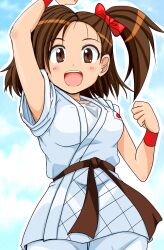 Rule 34 | 1girl, adk, arm up, artist request, breasts, brown eyes, brown hair, female focus, highres, izumo ryoko, judogi, looking at viewer, martial arts belt, matching hair/eyes, medium breasts, open mouth, side ponytail, smile, snk, solo, teeth, tongue, upper teeth only, world heroes, wristband