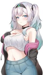 1girl absurdres alternate_costume alternate_hairstyle black_choker black_hairband black_jacket blue_pupils breasts choker cleavage commentary crop_top denim devl_ga_aru english_commentary firefly_(honkai:_star_rail) green_hair grey_hair hairband hand_on_own_chest highres honkai:_star_rail honkai_(series) jacket jeans large_breasts linea_alba long_hair midriff multicolored_hair navel off_shoulder open_clothes open_jacket pants purple_eyes simple_background solo tank_top two-tone_hair two_side_up white_background white_tank_top
