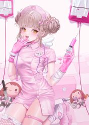 1girl aegyo_sal alternate_costume angel_wings blonde_hair blood blood_bag blunt_bangs blush boku_no_hero_academia breasts character_doll choker double_bun dress fangs first_aid_kit full_body gloves hair_bun hair_ornament hat heart heart_hair_ornament heart_o-ring holding holding_syringe intravenous_drip kneeling knife leg_warmers legwear_garter looking_at_viewer my_melody name_tag nurse nurse_cap o-ring onegai_my_melody open_mouth pill pink_choker pink_dress pink_gloves pink_hat pink_shoes pink_theme rabbit_hair_ornament sanrio shoes short_hair sidelocks single_legwear_garter slit_pupils smile solo stethoscope stuffed_toy syringe teeth thigh_strap toga_himiko uraraka_ochako vampire_valentine wings yami_kawaii yellow_eyes
