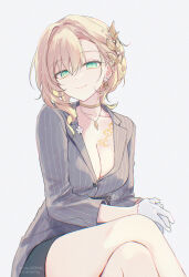 Rule 34 | 1girl, aglaea (fashion) (honkai: star rail), aglaea (honkai: star rail), black skirt, blonde hair, breast tattoo, breasts, cleavage, commentary, earrings, gloves, gold choker, gold tattoo, green eyes, grey background, grey vest, honkai: star rail, honkai (series), jewelry, large breasts, laurel crown, looking at viewer, necklace, official alternate costume, short hair, silltare, simple background, sitting, skirt, smile, solo, symbol-only commentary, tattoo, vest, white gloves
