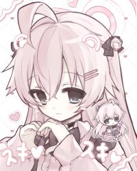 Rule 34 | 1girl, ahoge, anone (00x02), black bow, black bowtie, blue archive, blue eyes, bow, bowtie, chibi, chibi inset, choker, drawn ears, drawn whiskers, hair between eyes, hair ornament, hair ribbon, hairclip, halo, heart, heart hands, heterochromia, hoshino (blue archive), itabag, jirai kei, light smile, long sleeves, looking at viewer, o-ring, o-ring choker, parallel hairclips, pink hair, pink halo, pink shirt, ribbon, shirt, simple background, solo, upper body, yellow eyes