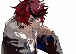 Rule 34 | 1boy, binxngchng1, black hair, black jacket, blue eyes, chinese commentary, drawstring, hair between eyes, hand on own chin, hand up, head rest, highres, hood, hood down, hoodie, jacket, long sleeves, looking at viewer, male focus, multicolored eyes, multicolored hair, open clothes, open jacket, parted lips, red eyes, red hair, shirt, short hair, simple background, sketch, solo, streaked hair, sumino takumi, the hundred line -last defense academy-, two-tone hair, upper body, white background, white hoodie