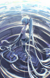 Rule 34 | 1girl, absurdly long hair, absurdres, bare shoulders, black boots, black skirt, black sleeves, blue eyes, blue hair, boots, closed mouth, commentary, detached sleeves, from behind, hatsune miku, headphones, highres, long hair, looking at viewer, number tattoo, shirt, shoulder tattoo, skirt, smile, solo, standing, standing on liquid, tattoo, thigh boots, twintails, veksoo, very long hair, vocaloid, white shirt