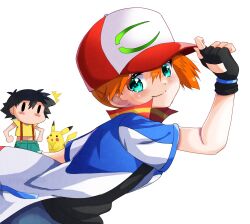 1boy 1girl ^^^ adjusting_clothes adjusting_headwear aqua_eyes artful_dodger ash_ketchum asymmetrical_hair baseball_cap black_gloves black_hair black_shirt blue_eyes blush blush_stickers chibi closed_mouth cosplay fingerless_gloves gen_1_pokemon gloves green_eyes green_shorts hair_between_eyes hand_on_headwear hat highres jacket looking_at_viewer misty_(pokemon) nintendo open_clothes open_jacket orange_hair pikachu pokemon pokemon_(anime) pokemon_(classic_anime) pokemon_rgby ponytail shirt short_hair short_sleeves shorts side_ponytail smile solid_oval_eyes suspenders yellow_shirt